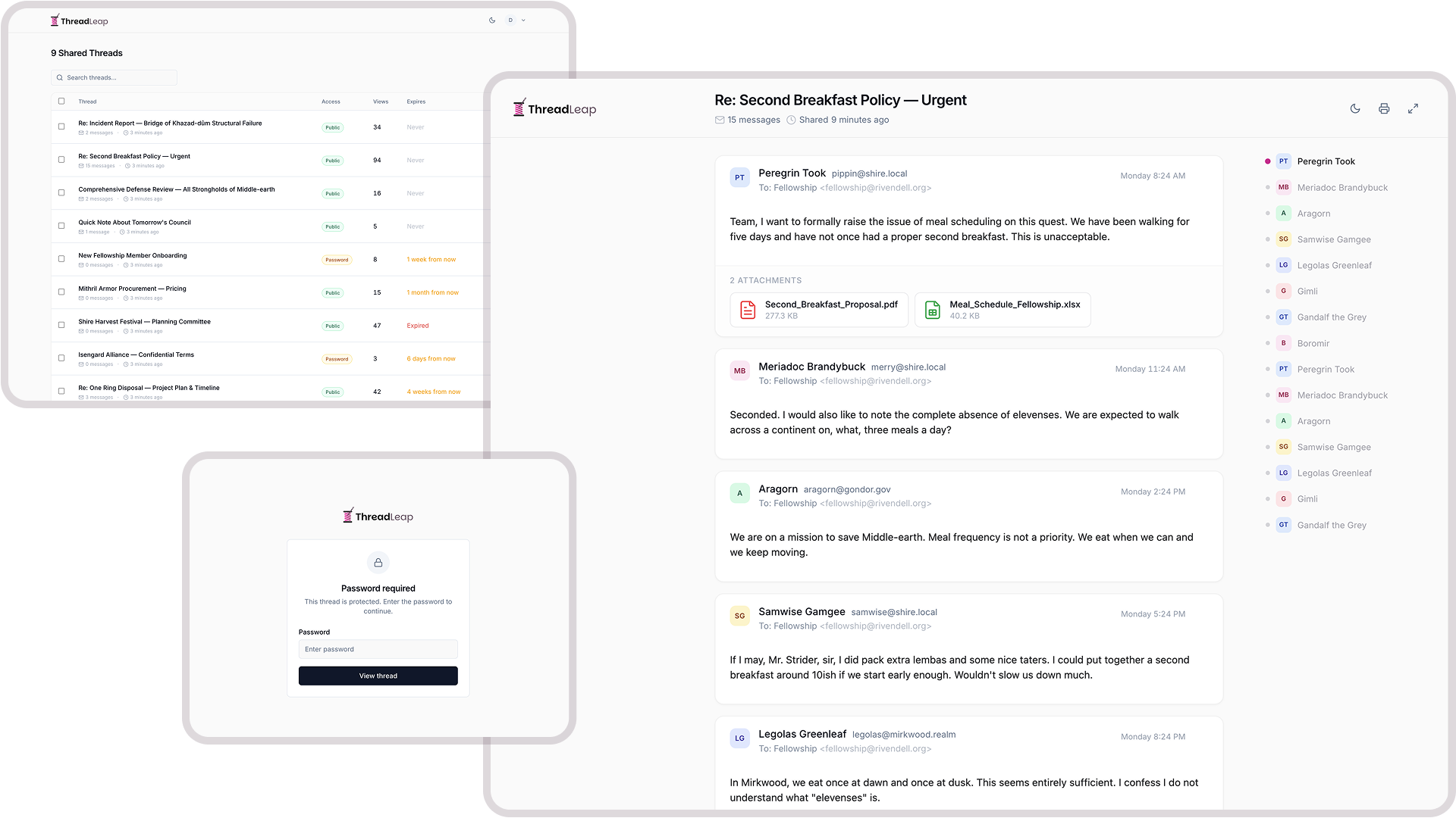 ThreadLeap dashboard, shared thread viewer, and password protection
